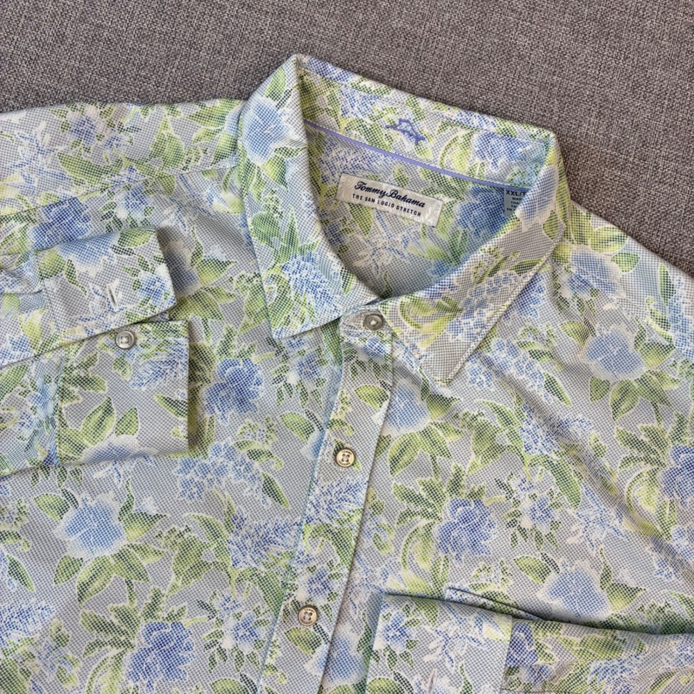 Tommy Bahama Shirt Mens XXL Blue Green Floral San Lucio Stretch Button Down